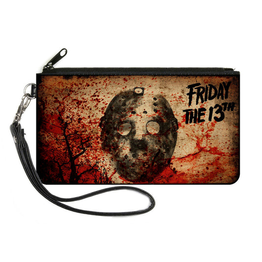 Canvas Zipper Wallet - LARGE - FRIDAY THE 13th Jason Mask Trees Tans Blood Splatter Black